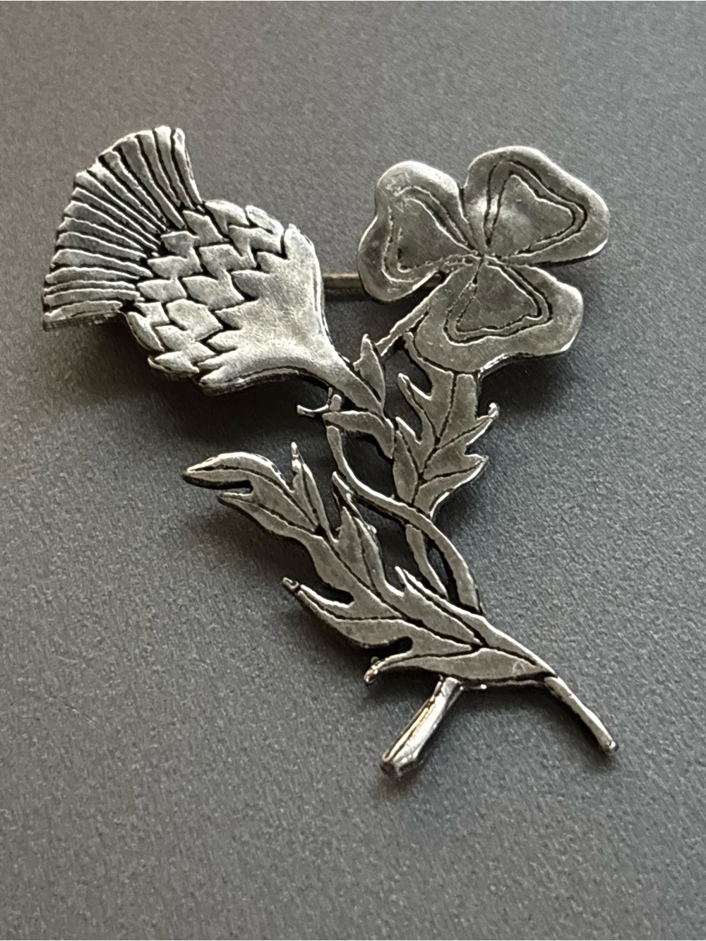 Vintage Silver Floral Thistle & Clover Brooch